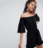 Asos Design Tall Off Shoulder Jersey Romper With Frill Hem - Black