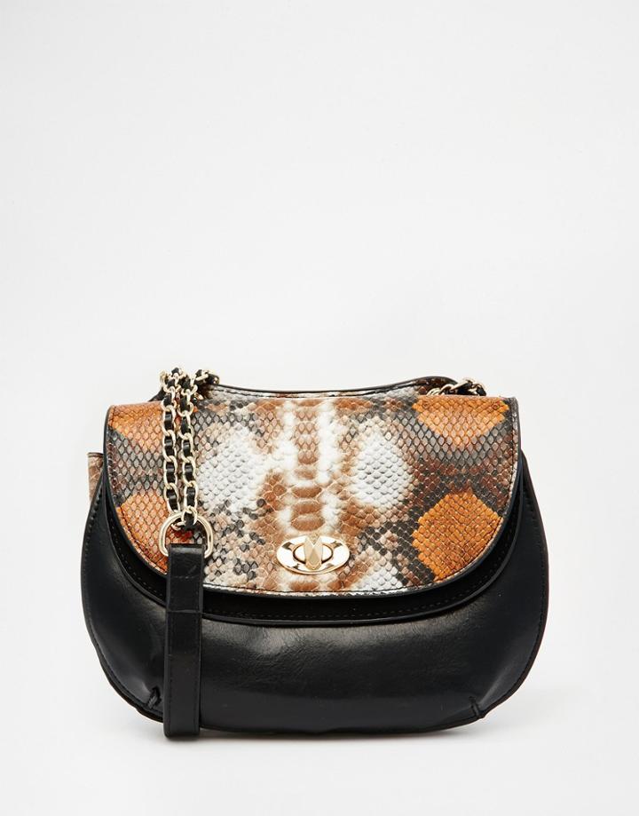 Mango Double Fold Over Snake Print Saddle Bag - Black