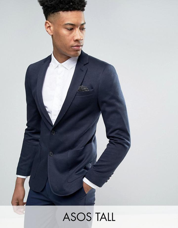 Asos Tall Super Skinny Jersey Blazer In Navy - Navy