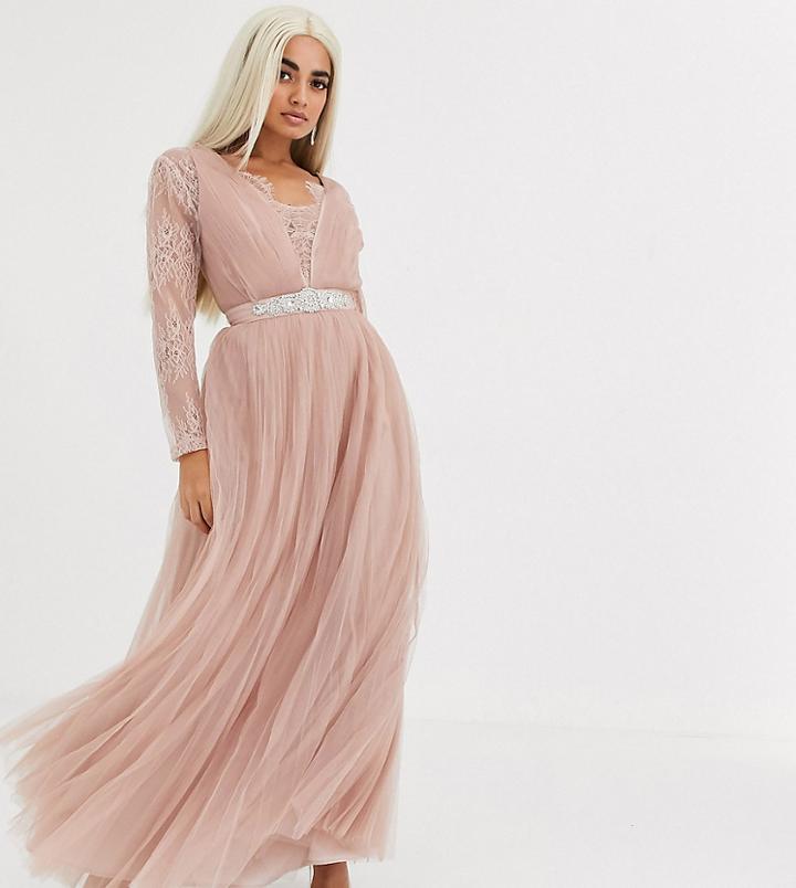 Asos Design Petite Lace Sleeve Plunge Tulle Maxi Dress With Embellished Waist Trim Detail In Dusty Pink