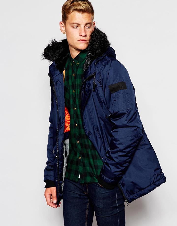 D-struct Coulton Fur Trimmed Parka Jacket - Navy