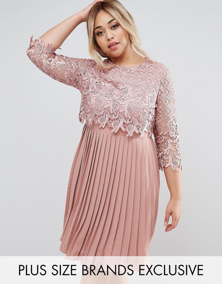 Little Mistress Plus Premium Lace Overlay Midi Dress With Pleated Skir