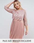 Little Mistress Plus Premium Lace Overlay Midi Dress With Pleated Skir