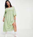 Asos Design Curve Square Ruched Neck Midi Dress In Green Gingham-multi
