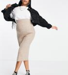 Asos Design Maternity Set Knitted Midi Skirt In Rib In Camel-neutral