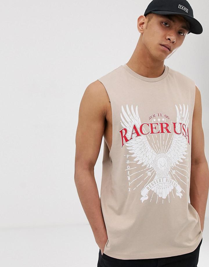 Asos Design Relaxed Sleeveless T-shirt With Racer Print - Beige