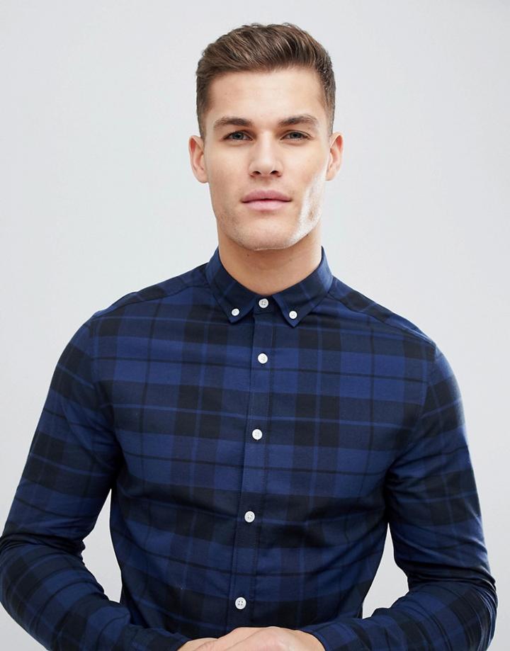 Asos Design Skinny Poplin Check Shirt In Blue - Blue