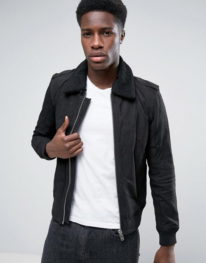 Selected Leather Flight Jacket In Black - Black