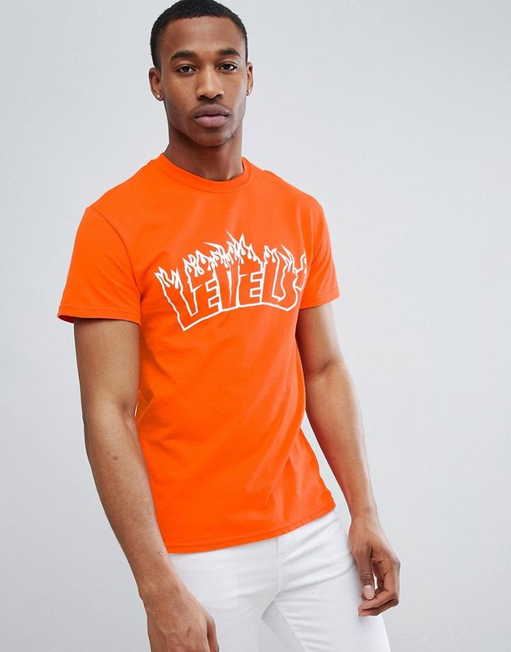 Boohooman T-shirt With Levels Flame Print In Orange - Orange
