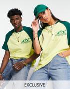 Reclaimed Vintage Inspired Unisex Boxy Raglan T-shirt Wth Button Placket With Beach Logo Print-yellow