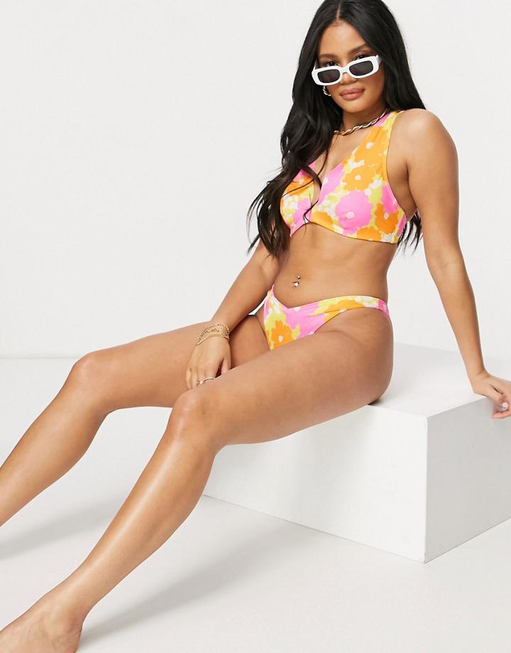 Asos Design High Leg V Front Bikini Bottom In Block Floral Print-multi