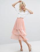 Monki Ruffle Layered Midi Skirt - Pink