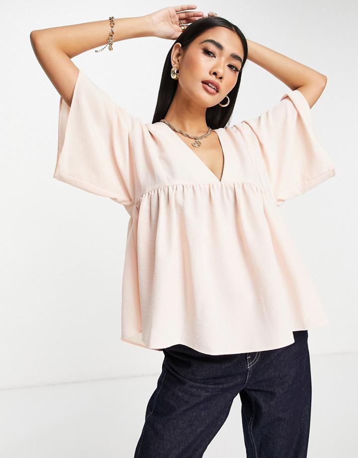 Asos Design V Neck Smock Top In Blush-pink