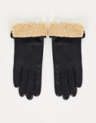 Asos Design Leather Gloves With Touch Screen And Shearling Turnover Trim-black