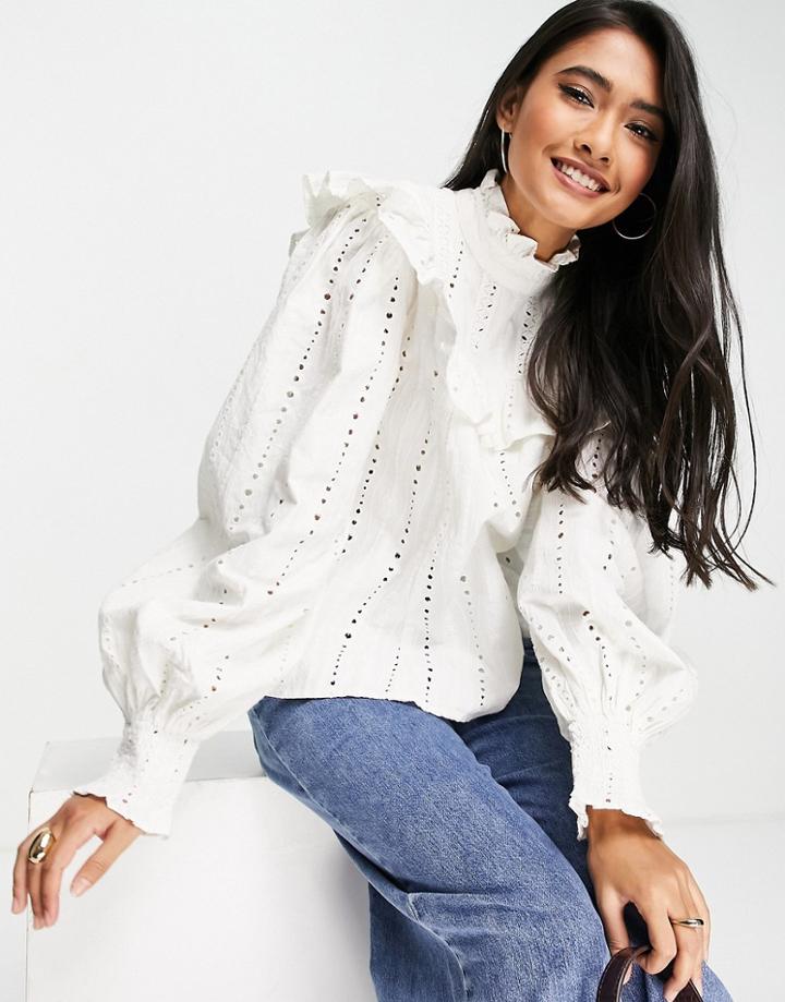 Asos Edition Eyelet Ruffle Collar Top In White