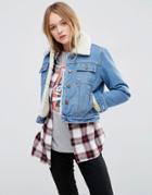 Asos Denim Cropped Jacket In Blue With Borg - Blue
