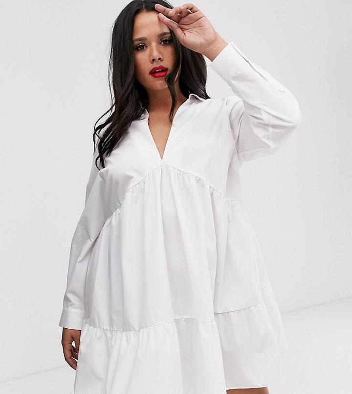 Asos Design Curve Tiered Collared Cotton Smock Mini Dress With Long Sleeves-white