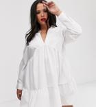 Asos Design Curve Tiered Collared Cotton Smock Mini Dress With Long Sleeves-white