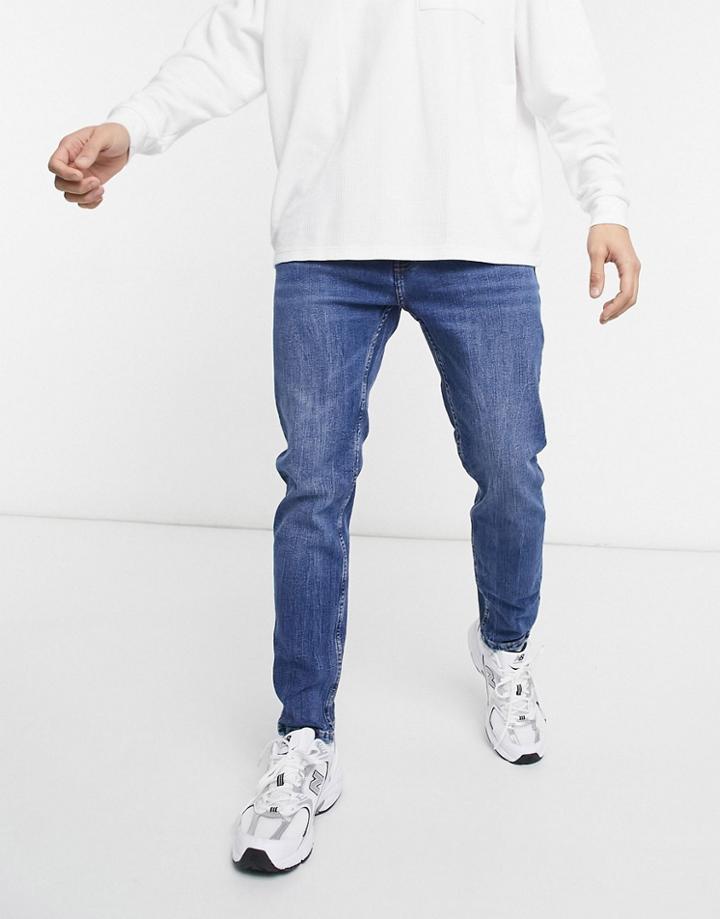 Bershka Skinny Jeans In Dark Blue Wash-blues