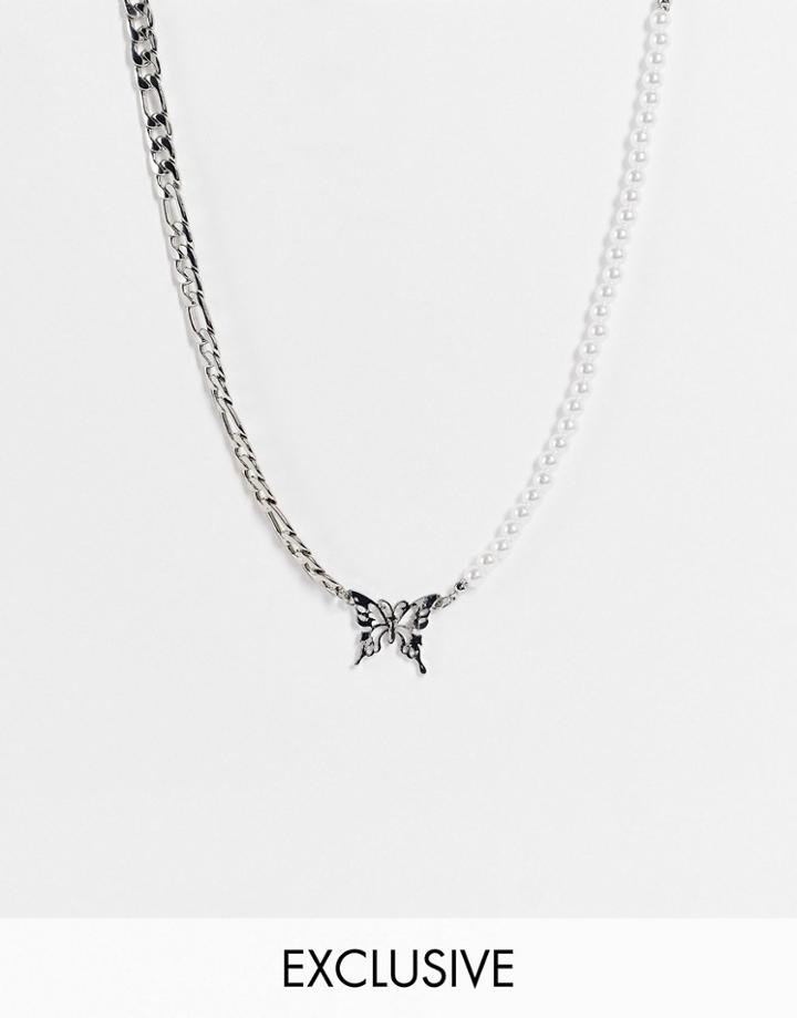 Reclaimed Vintage Inspired Unisex Necklace With Butterfly Pendant In Silver Shunky Chain And Faux Pearl