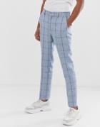 Asos Design Wedding Skinny Suit Pants In Blue Check And Cotton Linen Mix - Blue