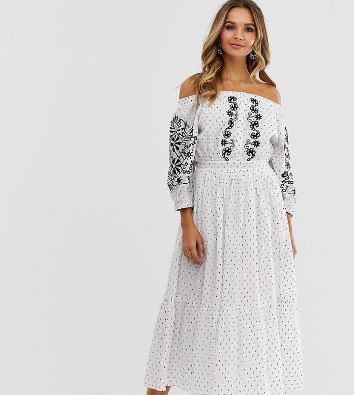 Violet Skye Bardot Embroidered Button Through Midaxi Dress With Balloon Sleeves In Polka Print - White