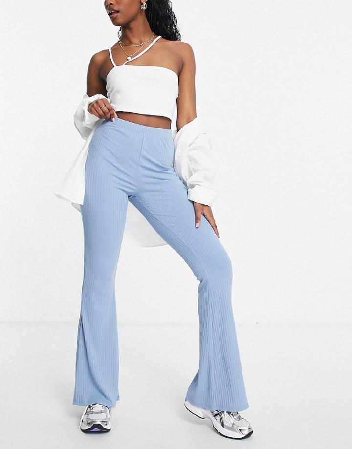 Asos Design Rib Flare Pants In Blue
