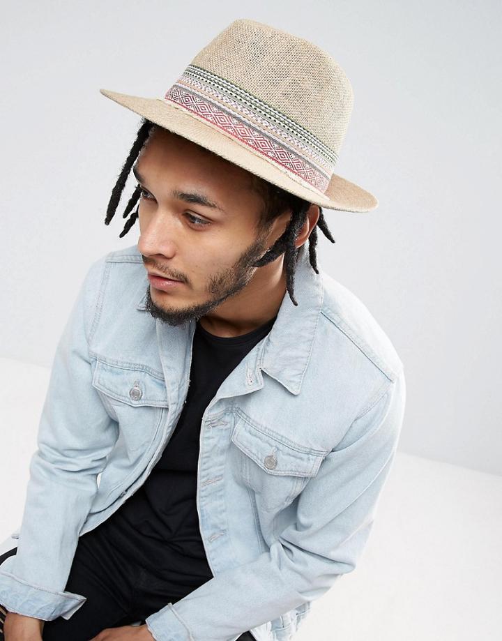 Asos Straw Fedora Hat With Festival Unfinished Band - Beige