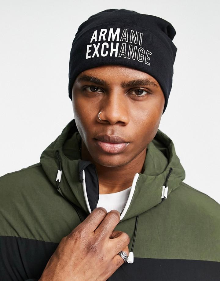 Armani Exchange Large Logo Beanie In Black