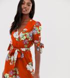 Influence Tall Wrap Romper With Puff Tie Sleeve In Red Floral