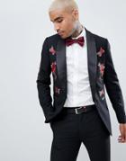 Devils Advocate Skinny Floral Embroidered Tuxedo Suit Jacket - Black