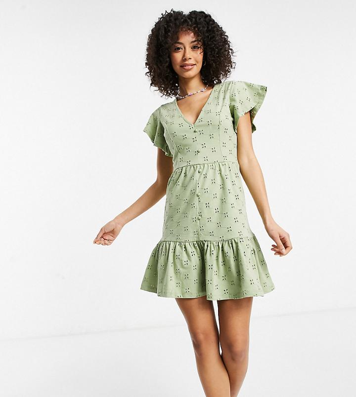 Asos Design Tall Broderie V-neck Button-through Mini Dress With Pep Hem In Dark Sage-green