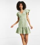 Asos Design Tall Broderie V-neck Button-through Mini Dress With Pep Hem In Dark Sage-green