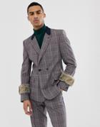 Asos Design Skinny Suit Jacket In Gray Check With Faux Fur Cuff - Gray