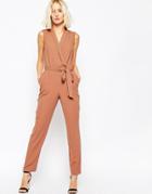 Asos Wrap Jumpsuit With Collar Detail - Tobacco