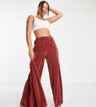 Asos Design Tall Plisse Wide Leg Beach Pants In Brown - Part Of A Set