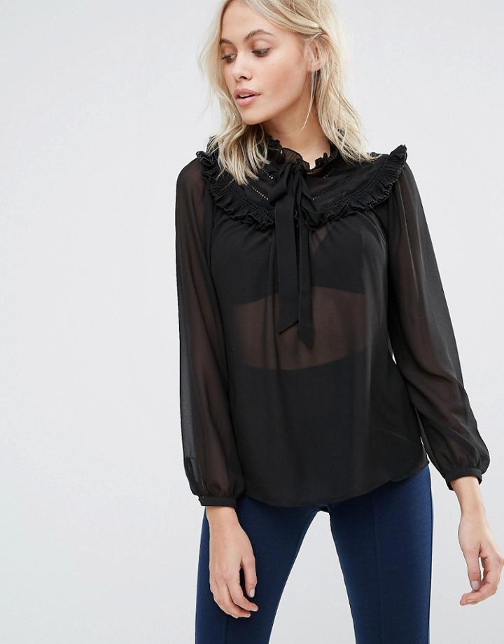 Qed London Blouse With Ruffle Bib - Black