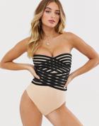 Asos Design Sheer Stripe Wrap Mesh Swimsuit-black