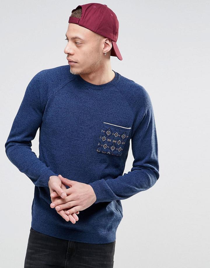 Asos Sweater With Geo-tribal Patch Pocket - Blue
