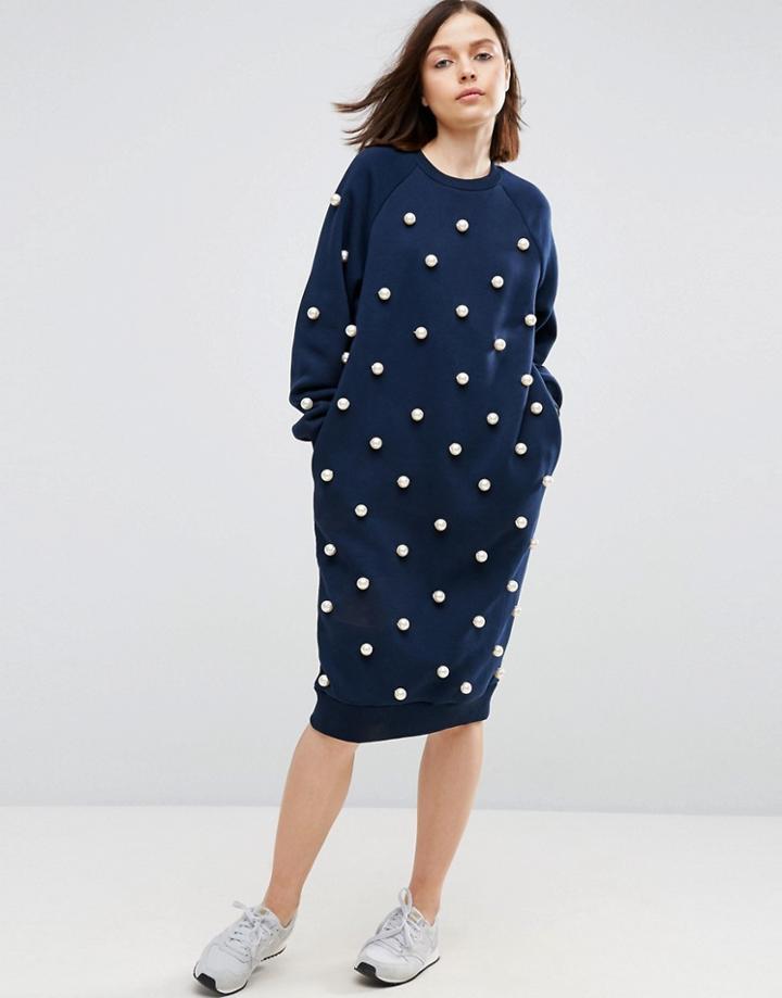 Asos White Pearl Embellished Sweater Dress - Navy