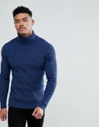 Asos Knitted Muscle Fit Ribed Roll Neck Sweater In Denim Blue - Blue