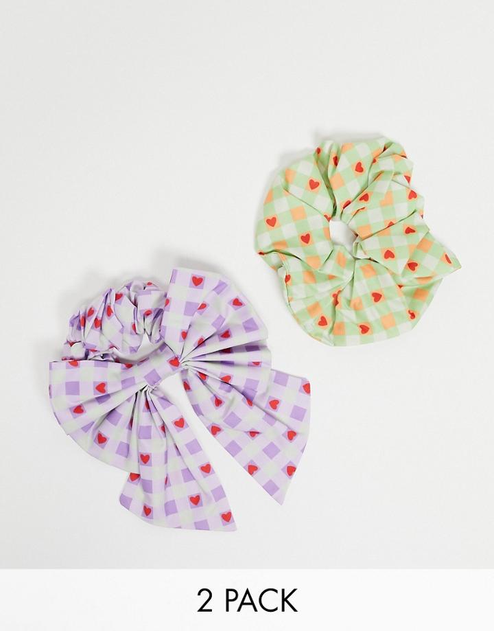 Asos Design Pack Of 2 Scrunchie And Hair Bow In Gingham Heart Print-multi