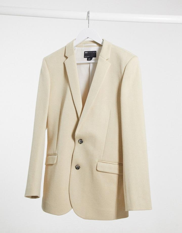 Asos Design Wedding Super Skinny Blazer In Stone Herringbone-neutral