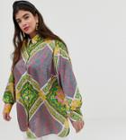 Asos Design Curve Oversized Satin Long Sleeve Shirt In Scarf Print - Multi