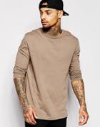 Asos Longline Long Sleeve T-shirt In Brown - Green