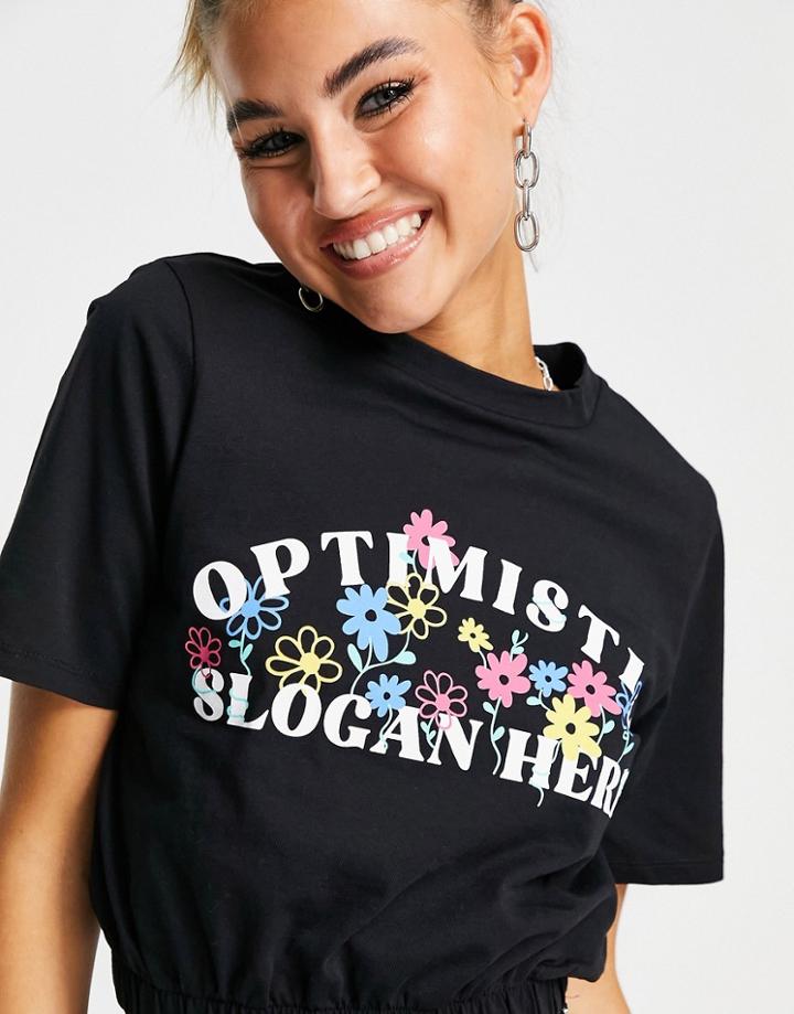 Noisy May Jersey Short Sleeve Graphic Slogan Cropped T-shirt In Black