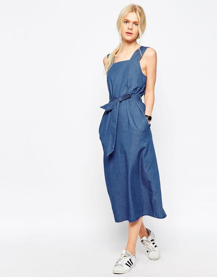 Asos Denim Belted Midi Dress In Mid-wash Blue - Midwash Blue
