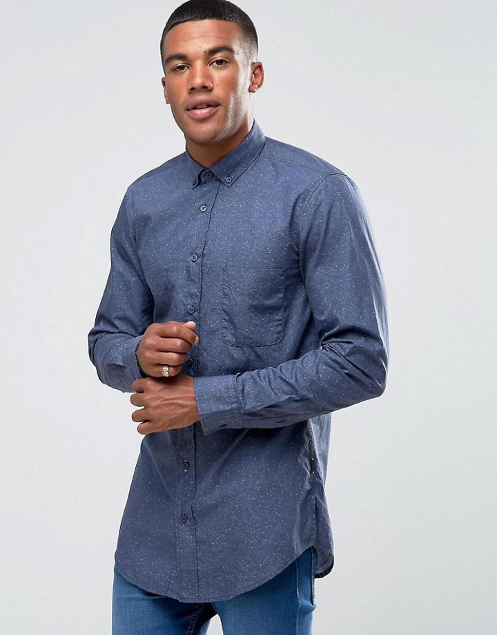 Boss Orange Elonge Longline Shirt Textured Print In Slim Fit - Navy