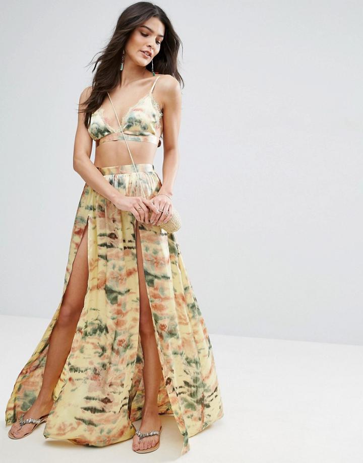 Asos Tie Dye Lace Trim Split Beach Skirt Co-ord - Yellow