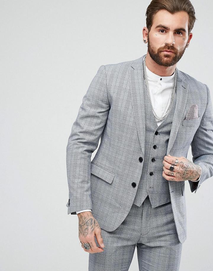 Rudie Charcoal Windowpane Check Skinny Fit Suit Jacket - Gray